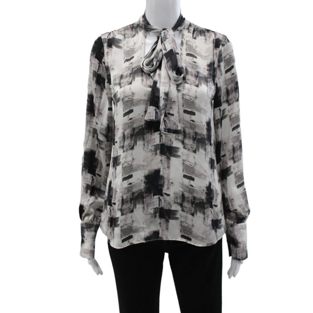 Waverly Grey Women Tunic Blouse Collared Long Sleeve Black Geometric Size S